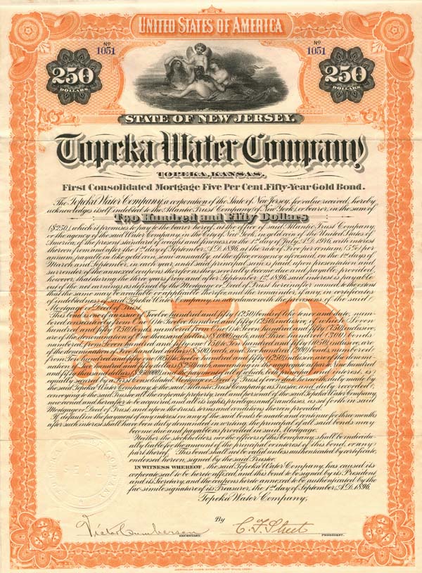 Topeka Water Co. - 1896 dated New Jersey Water Gold Bond